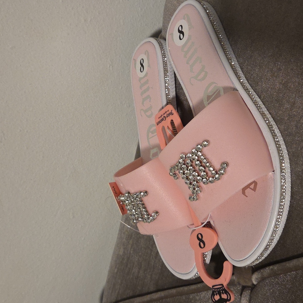 New Juicy Couture Blush Pink Yaresi 2 Rhinestone Slip On Slide Sandals 7